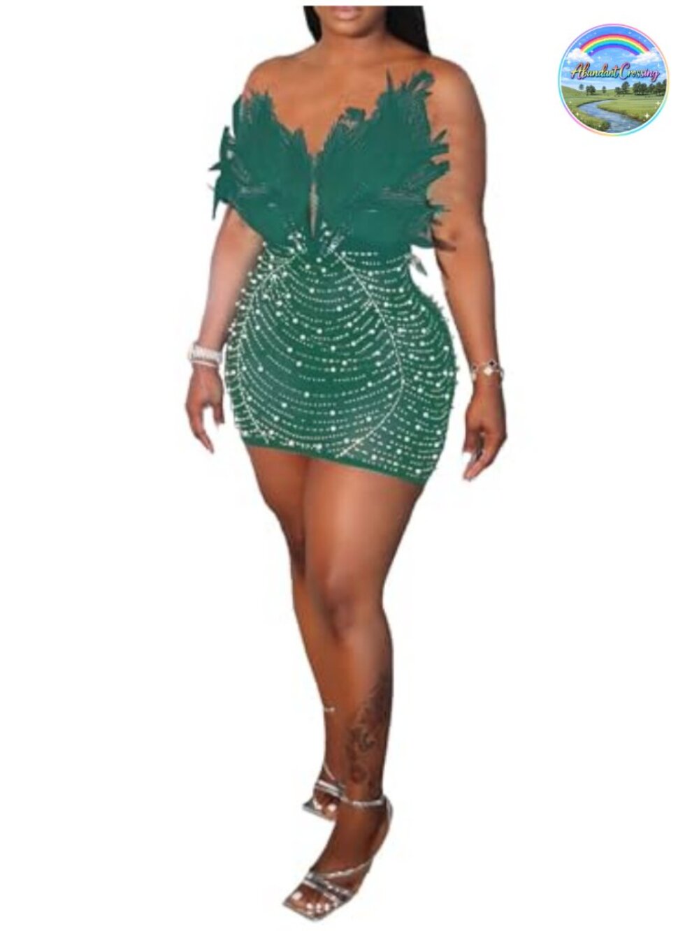 Bodycon Mini Dress Rhinestone Feather Sheer Mesh Sleeveless Night Out Clubwear